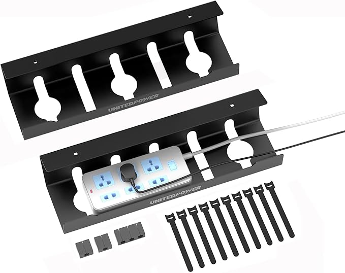 UNITEDPOWER Cable Management Tray, 2-Pack Metal Power Strip Holder for Under Desk Wire Cord Organizer, Office/Home，Black