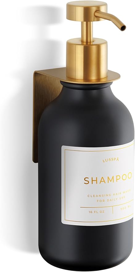 Shower Shampoo Dispenser Wall Mounted – Refillable 16.9 oz Black Bottle with Stainless Steel Pump & No-Drill Adhesive Holder – Soap Dispenser for Bathroom (1 X Black/Gold)