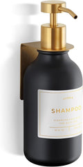 Shower Shampoo Dispenser Wall Mounted – Refillable 16.9 oz Black Bottle with Stainless Steel Pump & No-Drill Adhesive Holder – Soap Dispenser for Bathroom (1 X Black/Gold)