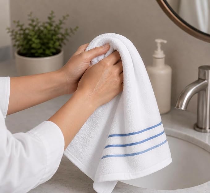 Bath Towels Set for Bathroom – Luxury 6-Piece Cotton Towels, Soft Absorbent & Quick Dry, 600 GSM Bath Towels for Bathroom, Hotel Spa Quality (White/Blue Azure, 4-Hand Towel Set)