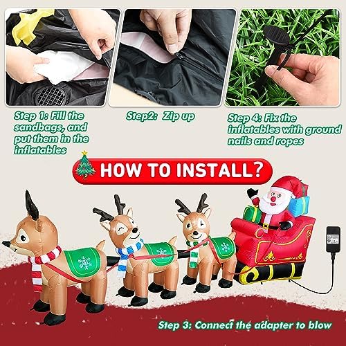 EAONE 12 Ft Christmas Inflatables Outdoor Decorations Giant Blow Up Yard Decorations Inflatable Santa Claus on Sleigh and 3 Reindeer, with Built-in LED Lights for Indoor Outdoor Home Holiday Decor