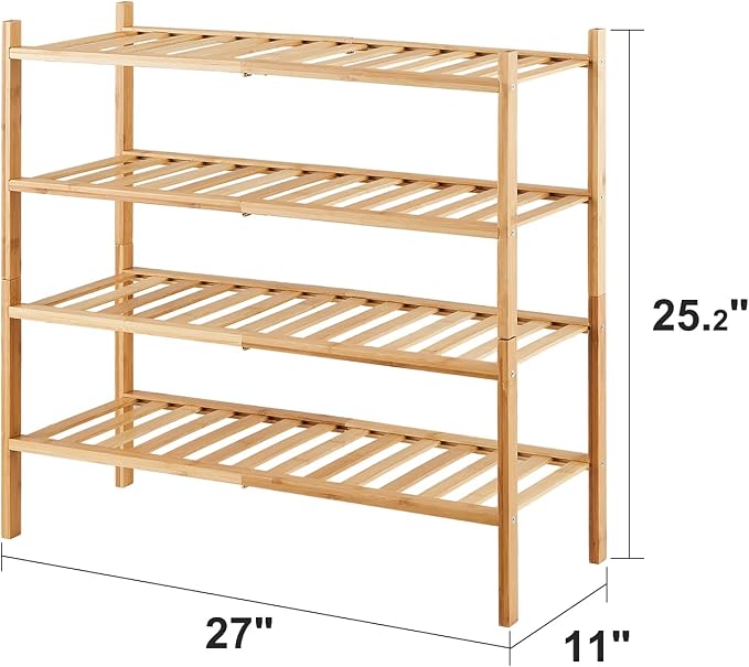 viewcare 4-Tier Bamboo Shoe Rack for Entryway, Stackable | Foldable | Natural, Shoe Organizer for Hallway Closet, Free Standing Shoe Racks for Indoor Outdoor