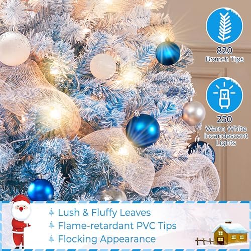 Yaheetech 6ft Prelit Flocked Christmas Tree, Blue & White, 250 Lights