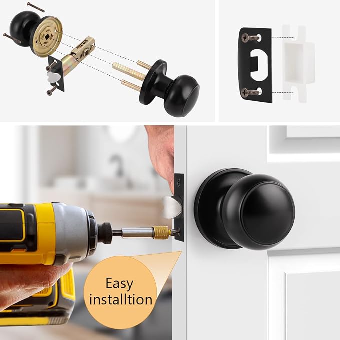 Probrico Hall/Closet Door Knobs in Flat Black Finish,Interior Passage Door Knobs,Round Non-Locking Door Handles, 4 Pack