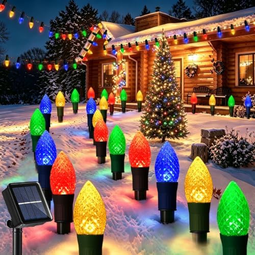 Solar Christmas Pathway Lights, 20 LED C9 String Lights with 20 Stakes, 23FT Solar Powered Multicolored Decorations for Roof, Yard, Patio, Walkway, Driveway