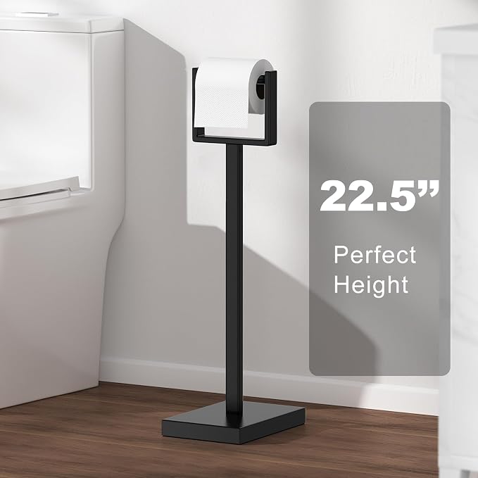 Black Toilet Paper Holder Stand，Stainless Steel Toilet Paper Holder Free Standing，Stable Weighted Base Floor Tissue Roll Holder for Bathroom，Modern Pivoting Toilet Paper Stand