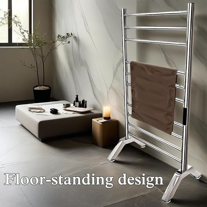 Heated Towel Rack Plug-in,Free Standing & Wall Mounted Dryer Rack Stainless Steel,Radiator 10 Bars Hot Towel Warmer with Built-in Timer,Silver