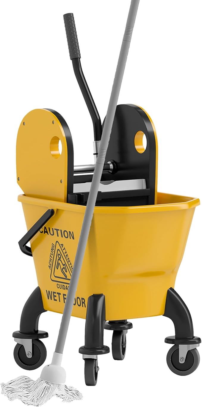 HOMCOM Mop Bucket with Wringer on Wheels, 27.5 Quart, with Mop, Yellow | Down Press Wringer, Handle and Mop, Floor Cleaning