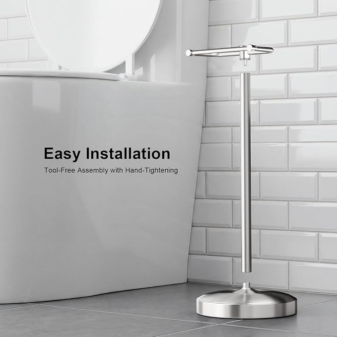 Freestanding Toilet Paper Holder Stand, Heavy Duty Brushed Nickel Stainless Steel Toilet Paper Holder with Weighted Base, Rustproof & Tool-Free Installation for Modern Bathrooms