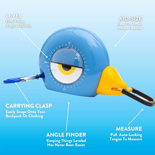 Handy Famm Kids Tape Measure – 8ft Blue Bird Retractable Measuring Tape with Level & Protractor, STEM Montessori Tool, Toddler Safe, Gift for Boys & Girls Ages 3+