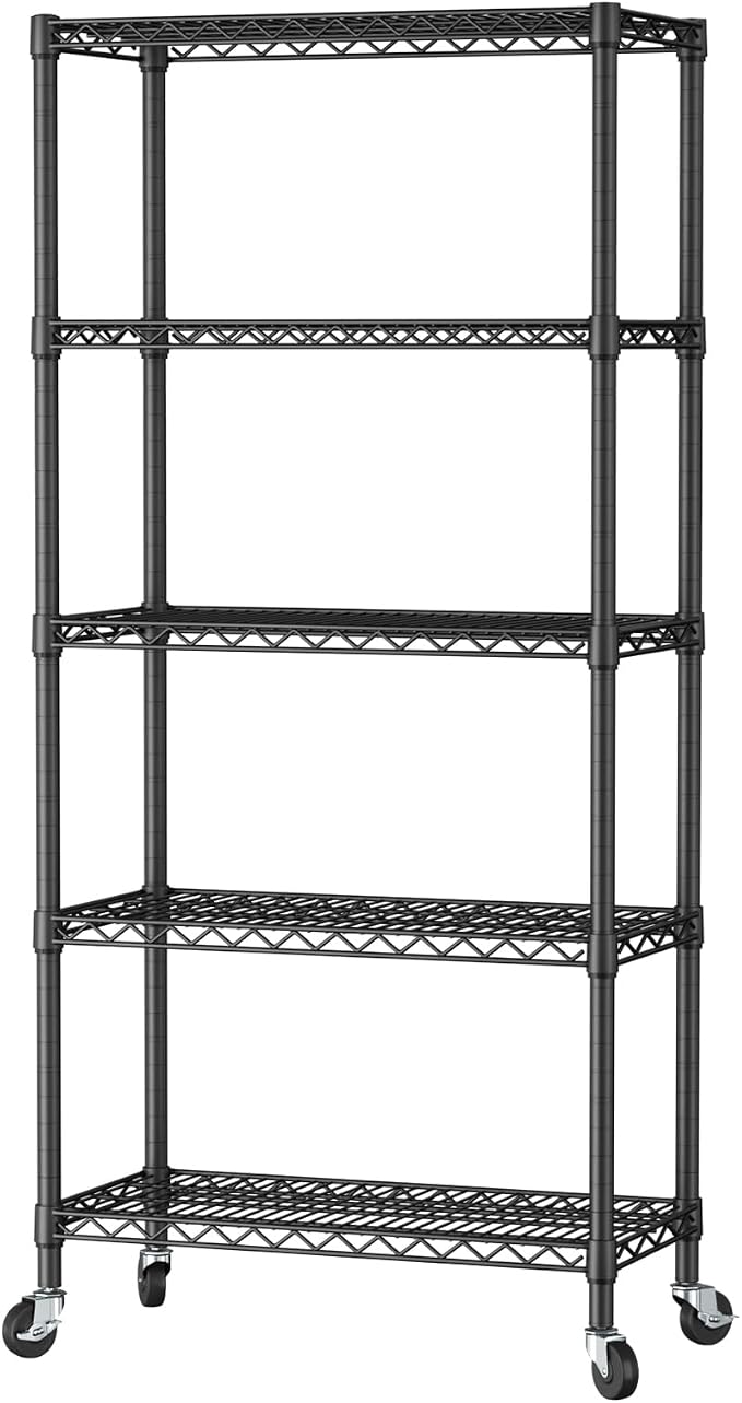 SINGAYE 5 Shelves Storage Wire Shelf Closet Metal Shelving Pantry Wheels | Shelf Bathroom Organizers Metal Kitchen Garage Shelving Unit Laundry Room Organization Home Rack Net Basket with Wheels