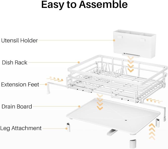 Expandable Dish Drying Rack for Kitchen Counter, Stainless Steel, White | Foldable Over Sink, Large Capacity, Adjust to Fit Most Sinks, Angled Drainboard, Removable Utensil Holder, Slip Resistant