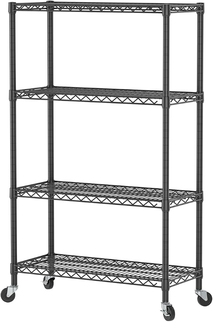 Golpart 4 Tier Shelves Storage Shelf Wire Closet Bathroom Organizers Metal Pantry Kitchen Garage Shelving Unit Laundry Room Organization Home Rack Net Basket Black with Wheels 14”D X 36”W X 58”H
