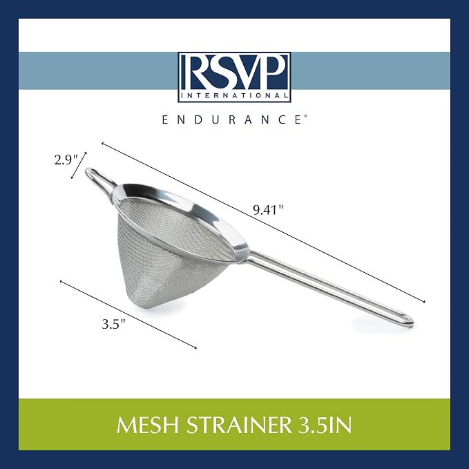 RSVP International Endurance Kitchen Collection, Stainless Steel Fine Mesh Conical Sieve/Colander, Multi-Purpose for Cooking, Baking, Loose Leaf Tea, Bar Strainer Cocktails, 4-Inch