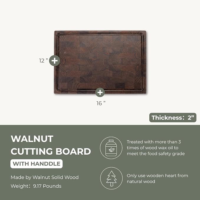 muso wood End Grain Cutting Board, Black Walnut Wood, 2" Thick Dual-Sided Wooden Chopping Board with Juice Groove & Handle - Idea for meat cutting, vegetable dicing, and fruit processing, 16 x 12 inch
