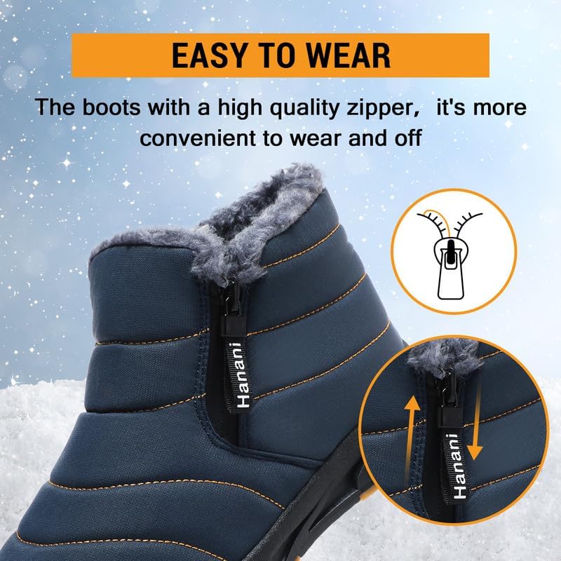Hanani Mens Snow Boots Waterproof Winter Boots for Men Fur Lined Warm Ankle Boots Zipper Closure Slip on Outdoor Boot Comfortable Walking Shoes