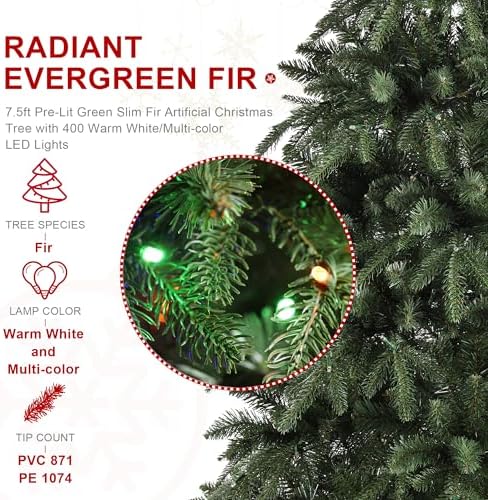 Glitzhome Prelit Christmas Tree, 7.5ft Slim Christmas Tree, Hinged Artificial Tree Radiant Evergreen Fir with 400 Warm White/Multi-Color LED Lights,9 Function,w/Remote Control,Easy Assembly