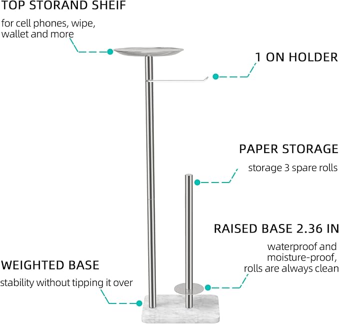 FEILERN Toilet Paper Holder Stand for Bathroom Floor Standing Toilet Roll Dispenser Storages 4 Reserve Rolls, with Top Storage Shelf for Cell Phones, Wipe, Wallet and More(Marble Brush Nickel)