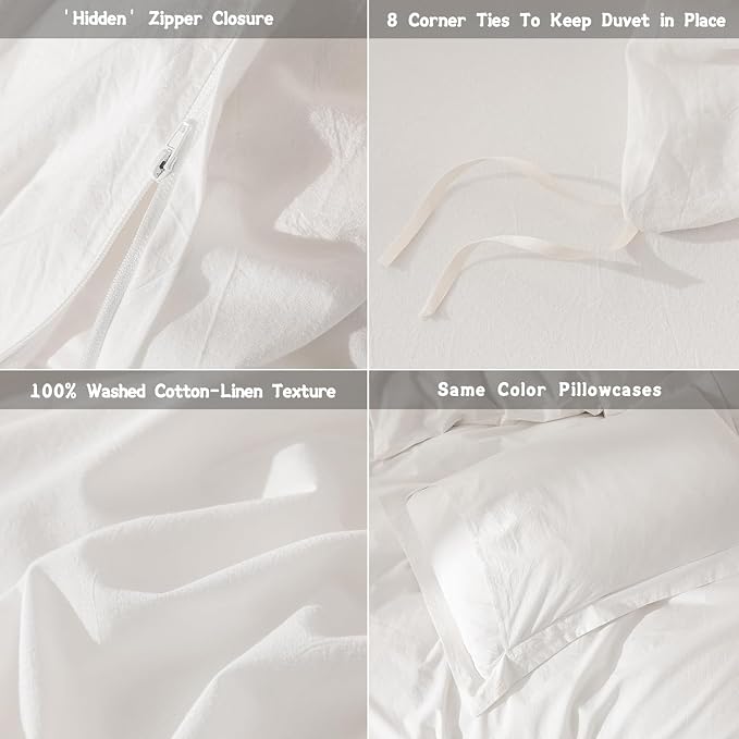 Off White Duvet Cover Oversize Queen Size 100% Washed Cotton Bedding Set Cover 1 Duvet Cover Zipper Closure and 2 Pillowcases, 98inch x 98inch