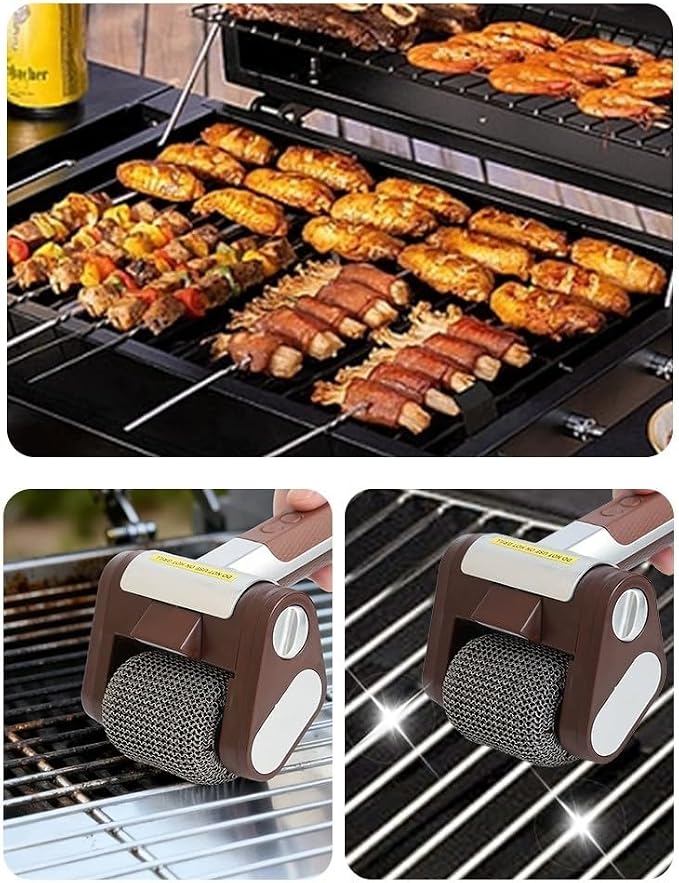 Cordless Electric Grill Cleaner with 2 Interchangeable Brush Heads, 350 RPM Rechargeable BBQ Scrubber with Bristle-Free Stainless Steel Roller + Bristle Brush for All Grills Black Gold