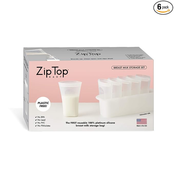 Zip Top Reusable 100% Platinum Silicone Breast Milk Storage, Made in the USA - Bag Set of 6 + Freezer Tray