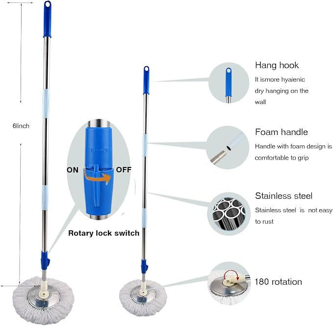 Spin Mop and Bucket with Wringer Set, 3 Mop Refills, 61" Stainless Handle | 360° Spinning Mop System with Stainless Steel Extended Handle & 3 Microfiber Refills for Floor Cleaning