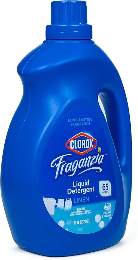 Clorox Fraganzia Liquid Laundry Detergent, Linen Scent - High Efficiency Formula for All Front and Top Load Washing Machines, Long-Lasting Fragrance, 65 Loads per Bottle, 100 Fl Oz - 3 Pack