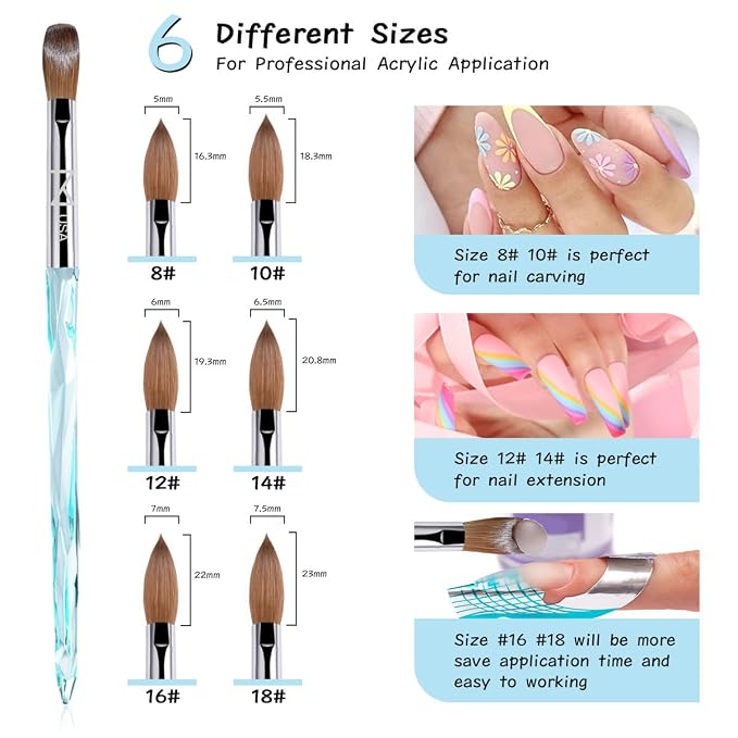 M ProK 100% Kolinsky Acrylic Nail Brush – Professional Nail Brush for Acrylic Application with Crystal Blue Handle – Handcrafted Salon Quality Tool (Size #14)