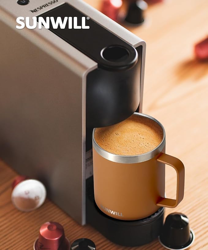 SUNWILL Insulated Coffee Mug, Stainless Steel 14 oz, Splash-Proof Lid | Keeps Drinks Hot & Cold, Powder Coated Caramel Finish, Dishwasher Safe, Ideal for Home & Office