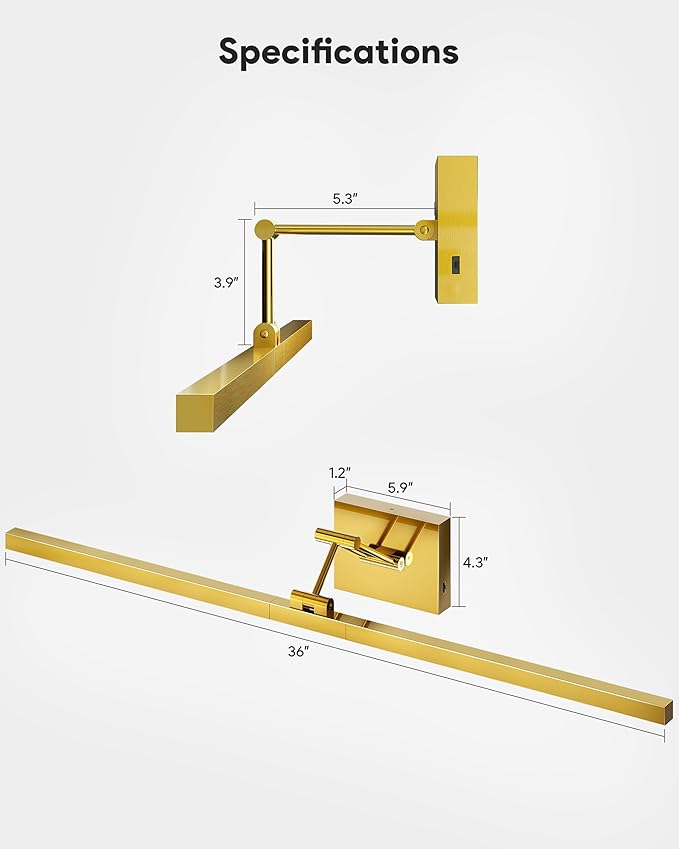 VONLUCE 36" LED Bathroom Vanity Light, 3CCT Modern LED Vanity Lights with 360° Rotatable Head Swing Arm, 15.4W Bathroom Light Fixture Over Mirror, LED Lights for Bathroom Bedroom, Brushed Gold