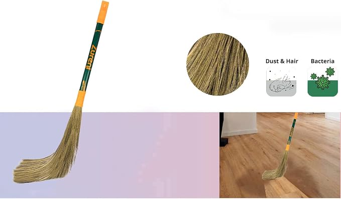 Zureni ZN-BR-08 Floor Broom with Natural Soft No Dust Grass Long Stick Jhadu for Home Pantry Office Cleaning (Random Colours)