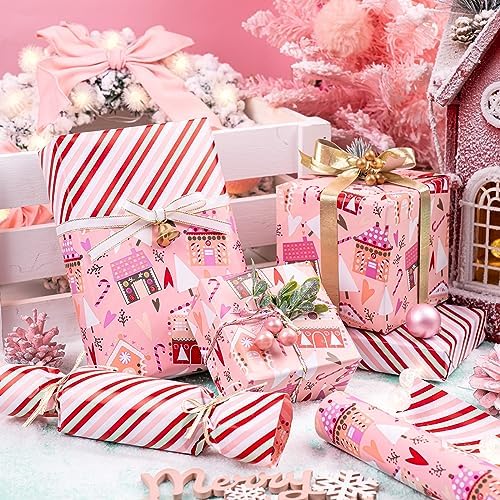 WRAPAHOLIC Reversible Christmas Wrapping Paper - Mini Roll - 17 Inch x 33 Feet - House with Christmas Tree and Candy Cane Wrapping Paper for Holiday, Party Celebration
