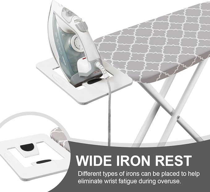 Ironing Board,Foldable Ironing Board Adjustable Height Compact Iron Board Thick Steel Tube Iron Board with Holder,Replacing Cloth Cover and Mini Handheld Gloves,Gift for Women(Grey Texture)