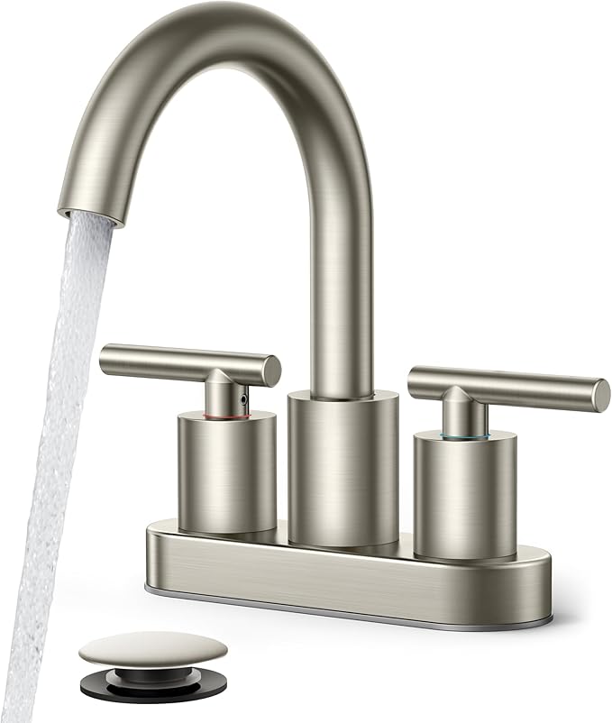 FORIOUS Brushed Nickel Bathroom Faucet 2 Hole, 4 Inch Centerset Bathroom Sink Faucet Brushed Nickel with Pop-up Dain, 24" CUPC Hoses, 360° Swivel Gooseneck for RV Basin