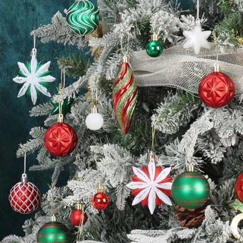82Pcs Red and Green Christmas Tree Ornaments Set, Shatterproof Christmas Decorations for Tree Assorted Plastic Craft Baubles Snowflake Ball Ornaments for Holiday Party Decor (Red&Green&White)