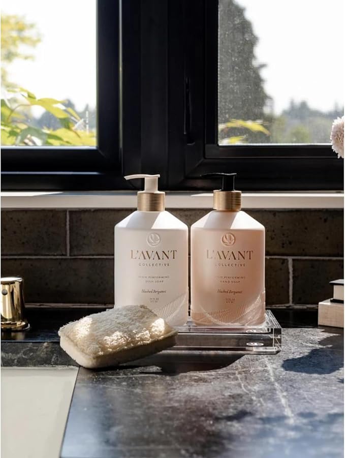 L'AVANT Collective Luxury Home Essentials High Performing Dish Soap, Hand Soap, Multipurpose Cleaner Spray, Scrub Brush, Lucite Tray Luxurious Ingredients Reusable Bottles (Blushed Bergamot)