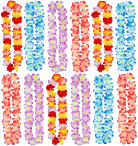 JUNEBRUSHS 24 Pack Hawaiian Leis for Luau Party Colorful Flower Necklaces Wreath Garland for Tropical Party Decorations Graduation Summer Beach Wedding Birthday