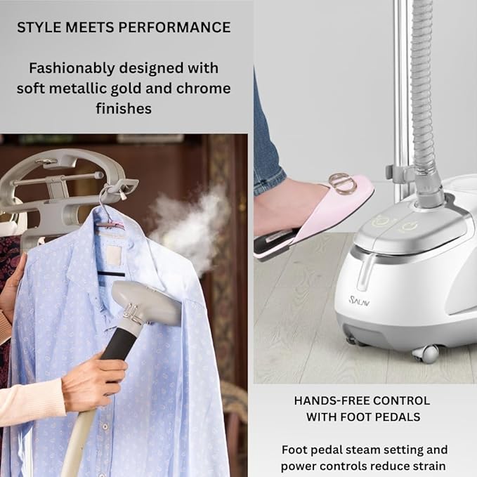 SALAV GS45-DJ Professional Upright Garment Steamer with Roll Wheels, Multi-Function Extra Wide Hanger, Fabric Brush & Mini Ironing Paddle, 1500 watts, Silver
