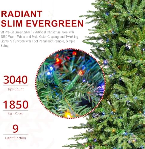 Glitzhome Prelit Artificial Christmas Tree, 9ft Realistic Christmas Tree Radiant Slim Evergreen with 1,850 Warm White & Multi-Color Chasing and Twinkling Lights, 9 Function w/Foot Pedal, Simple Setup