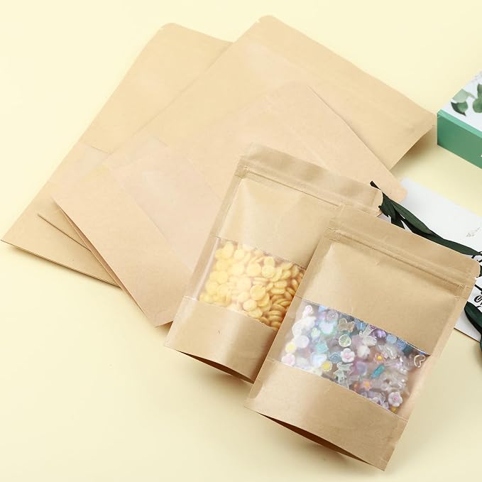 4X6 Resealable Bags Kraft Mylar Bags for Food Storage 300 Pcs Mylar Bags with Window Candy Packaging Reclosable Small Stand Up Pouches Edible Packaging, Kraft Paper Bags for Small Business