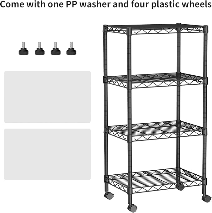 Golpart Small 4 Tier Shelves Storage Wire Shelving Unit Metal Shelf Adjustable Organizers Storage Shelving with Wheels for Bathroom Laundry Room Kitchen Pantry11.7”D x 17.7”W x 44.8”H Black