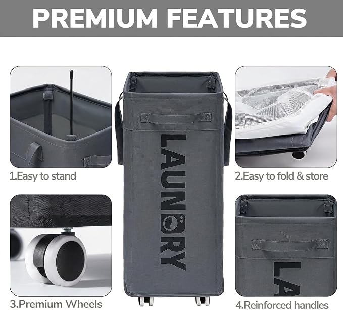 Goodpick Laundry Basket with Wheels, Laundry Hamper with Removable Wash Bag, Clothes Hamper, Rolling Laundry Basket, Dorm Room Essentials, 75L, Grey