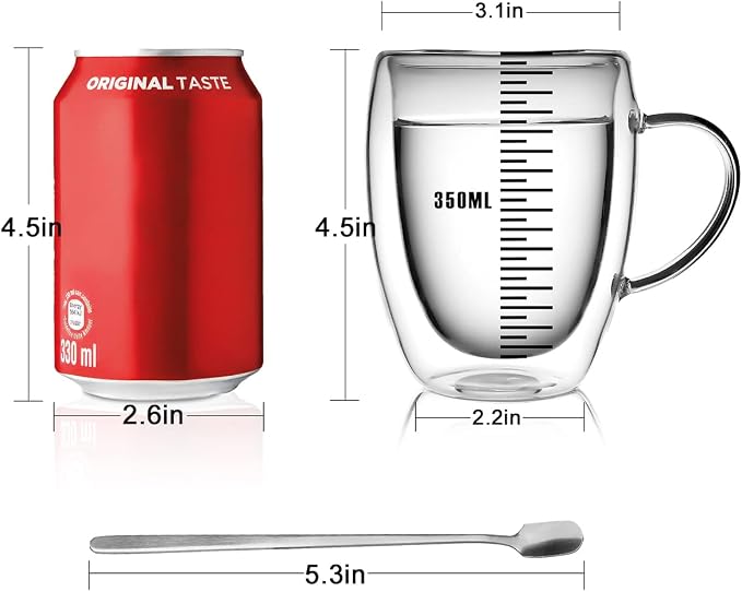 LIBWYS 12oz Double Walled Coffee Cups Glasses Mugs, Espresso Cappuccino Latte Tea Cups with Handle 350ml (2x350ml)