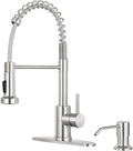 Kitchen Faucet with Soap Dispenser, Brushed Nickel | 360° high arc spout, single handle, fingerprint-resistant, drip-free valve, DIY install kit, NSF certified