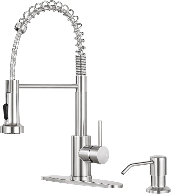 Kitchen Faucet with Soap Dispenser, Brushed Nickel | 360° high arc spout, single handle, fingerprint-resistant, drip-free valve, DIY install kit, NSF certified