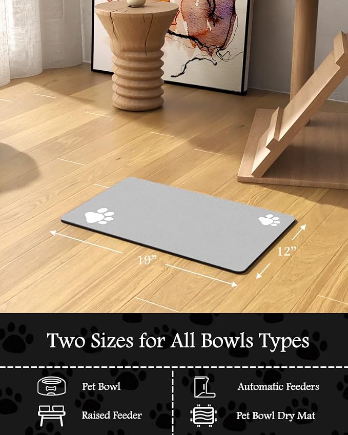 Pet Feeding Mat-Absorbent Dog Mat for Food and Water Bowl-No Stains Quick Dry Water Dispenser Mat-Dog Accessories Pet Supplies-Bowl for Messy Drinkers（LIGHTGREY,12"x19"