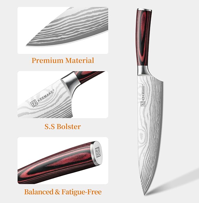 8" Chef Knife, Ultra Sharp Kitchen Knife with Ergonomic Handle | Japanese High Carbon Stainless Steel, 12° Bevel Angle, Professional Cooking Gadgets with Gift Box for Men and Women