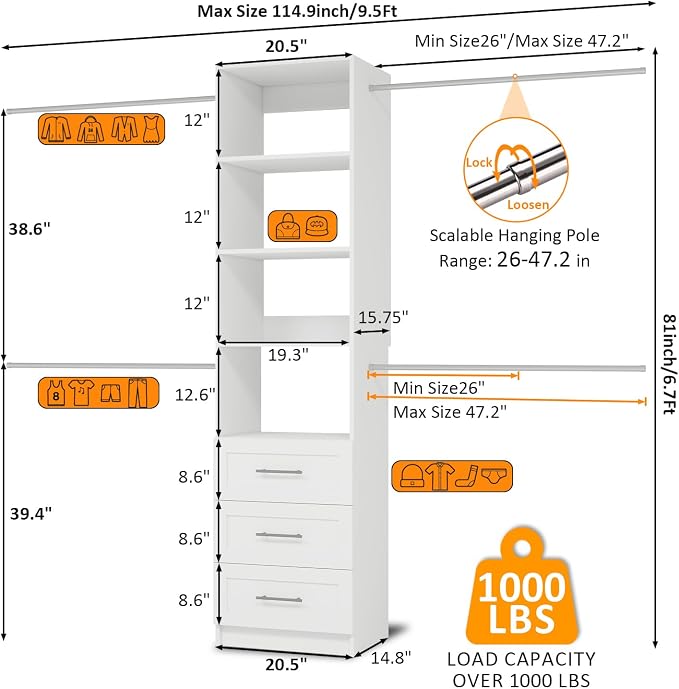 Closet System, 5FT-8FT Closet Organizer System with 3 Wooden Drawers, 99" Walk In Closet Organizer and Storage with 4 Expandable Hanging Rods, Wall Mount, White