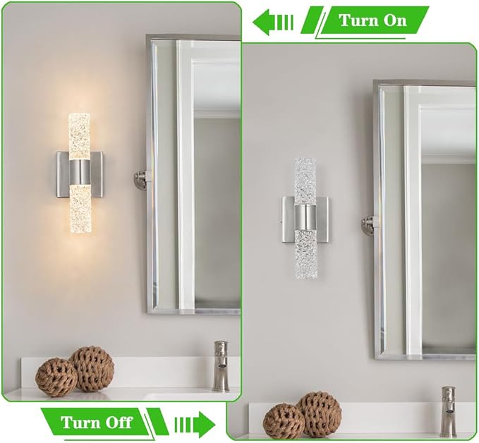 Brushed Nickel Wall Sconces Set of 2, LED Bathroom Vanity Light Fixtures, Hardwired Crystal Sconces Wall Lighting Over Mirror, LED Wall Mount Lights for Bedroom Hallway Indoor, 10W
