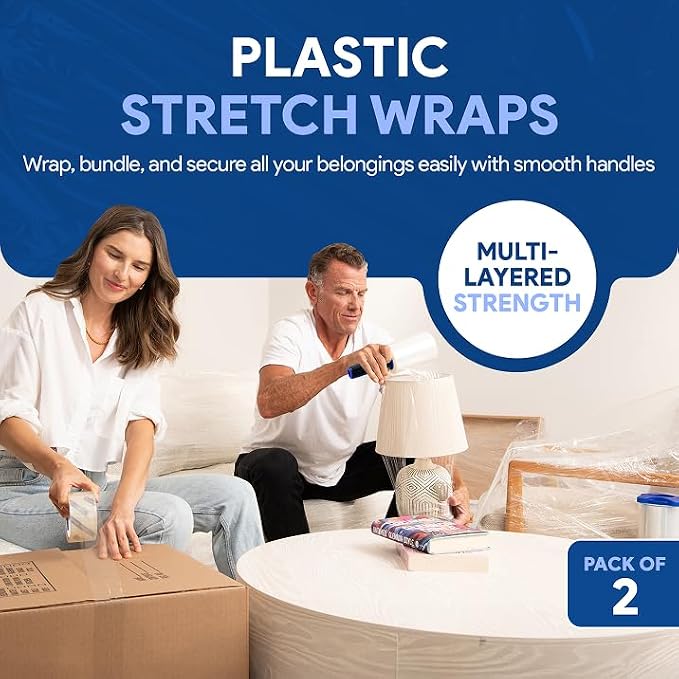 International Plastics Co. 5" Plastic Stretch Film Wrap with Extended Handles 1200ft Each 500% Stretch Clear Cling Durable Adhering Packing Moving Packaging Heavy Duty Shrink (5", 2 Pack)